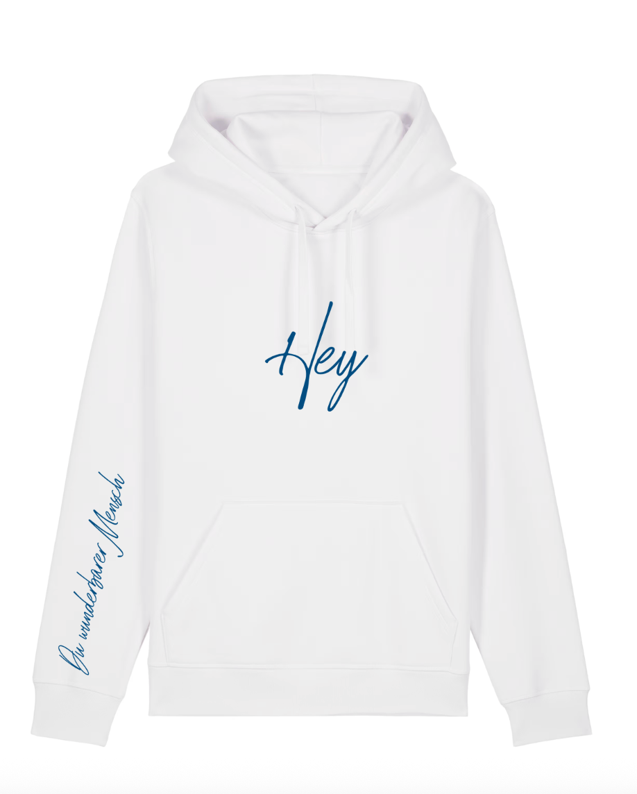 Neue Farbkombi: Hoodie "Hey" - maritime Farbkombi weiß, Druckfarbe navy