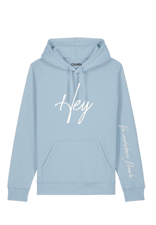 Hoodie Hey - in der Farbe hellblau, Druckfarbe weiß