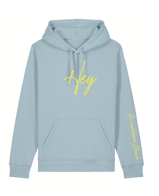 Neue Farbkombi: Hoodie "Hey" - hellblau, Druckfarbe gelb