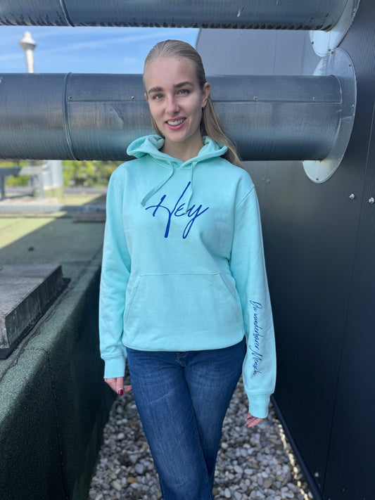 Neue Farbkombi: Hoodie "Hey" - aqua Druckfarbe blau
