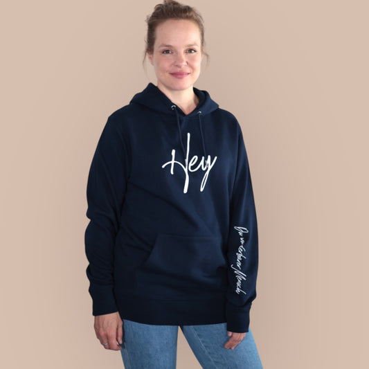 Hoodie Hey - Farbe navy/Druckfarfbe weiß