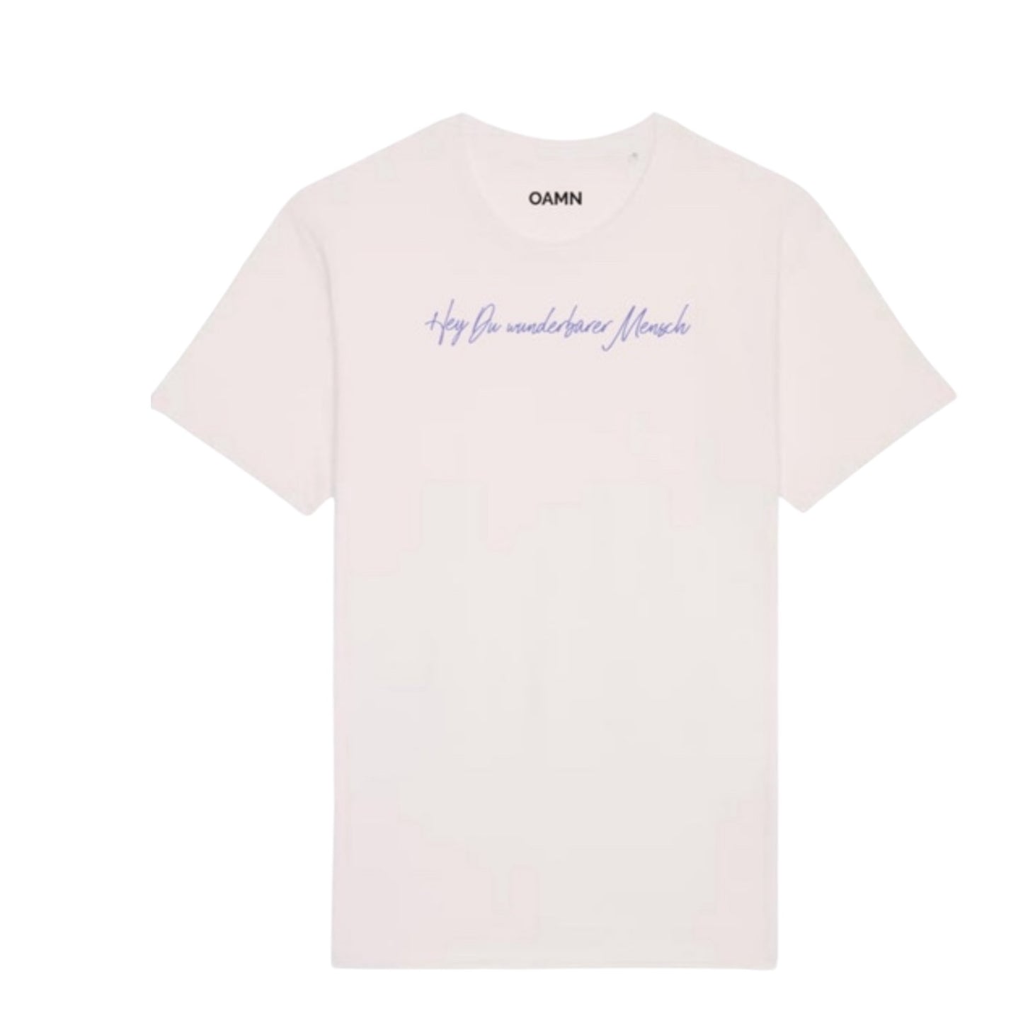 Aktion: T-Shirt "Hey Du wunderbarer Mensch" in weiß, Druckfarbe violett, OAMN Logo auf dem Rücken