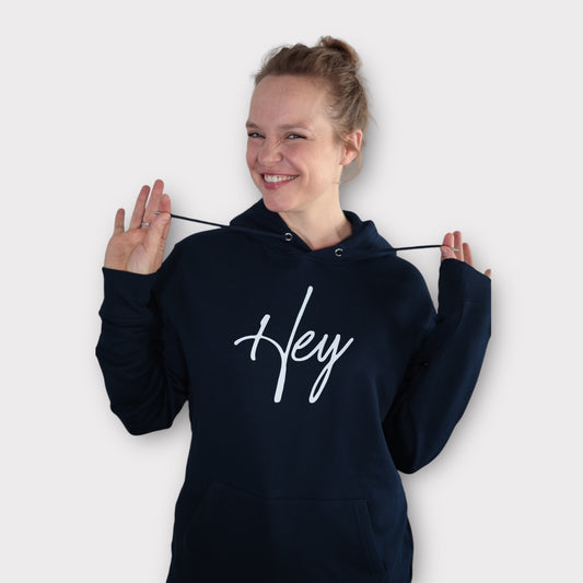 Hoodie Hey - Farbe navy/Druckfarfbe weiß
