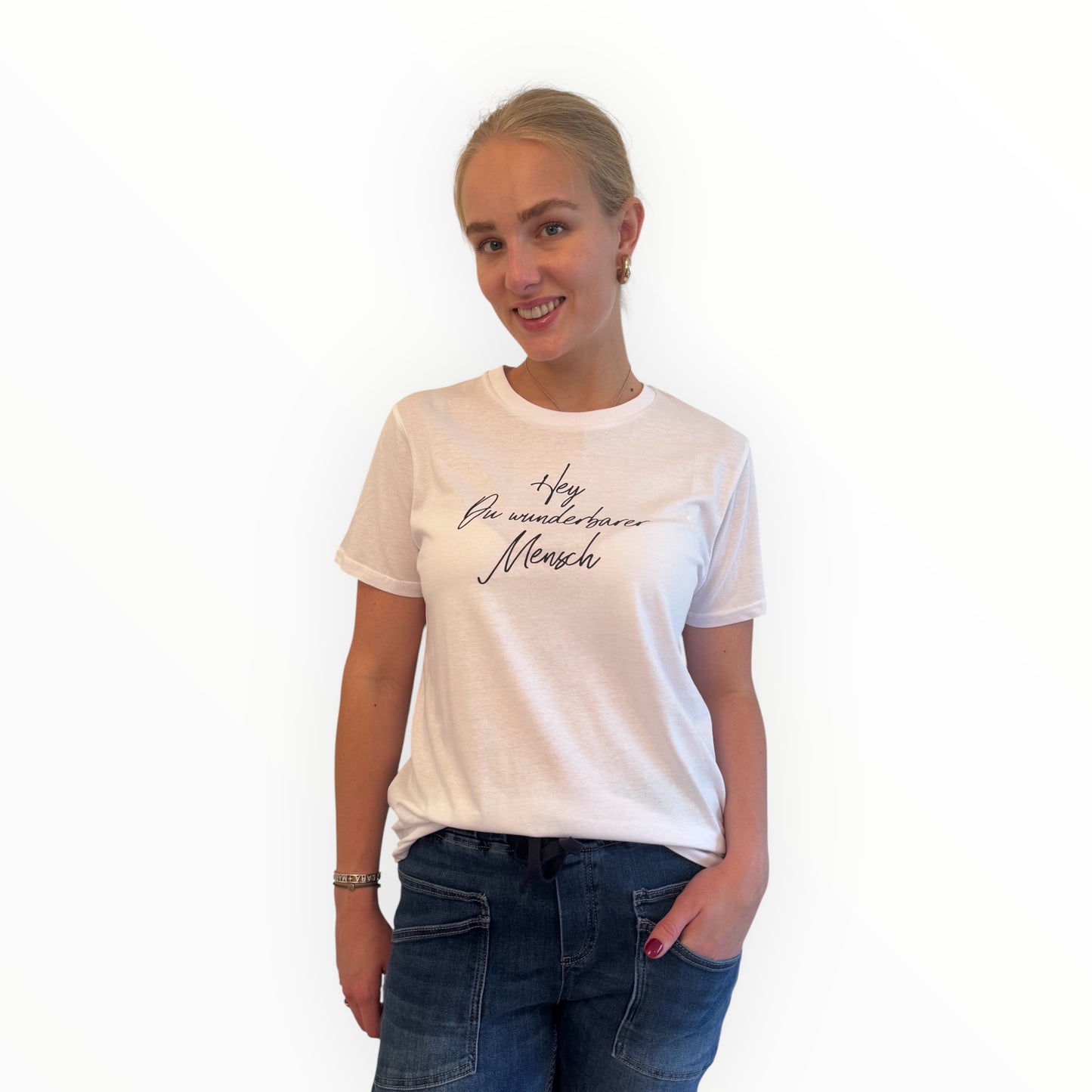 Neuer Druck: T-Shirt "Hey Du wunderbarer Mensch" in weiß, Druckfarbe schwarz