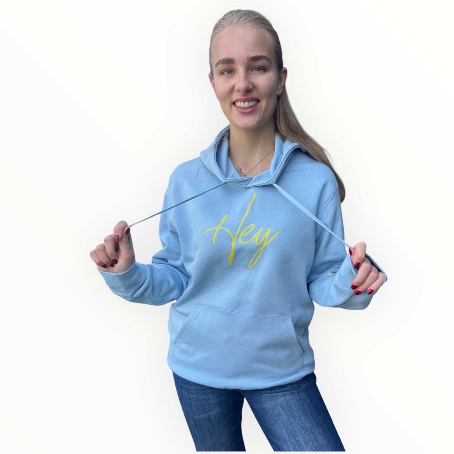Neue Farbkombi: Hoodie "Hey" - hellblau, Druckfarbe gelb
