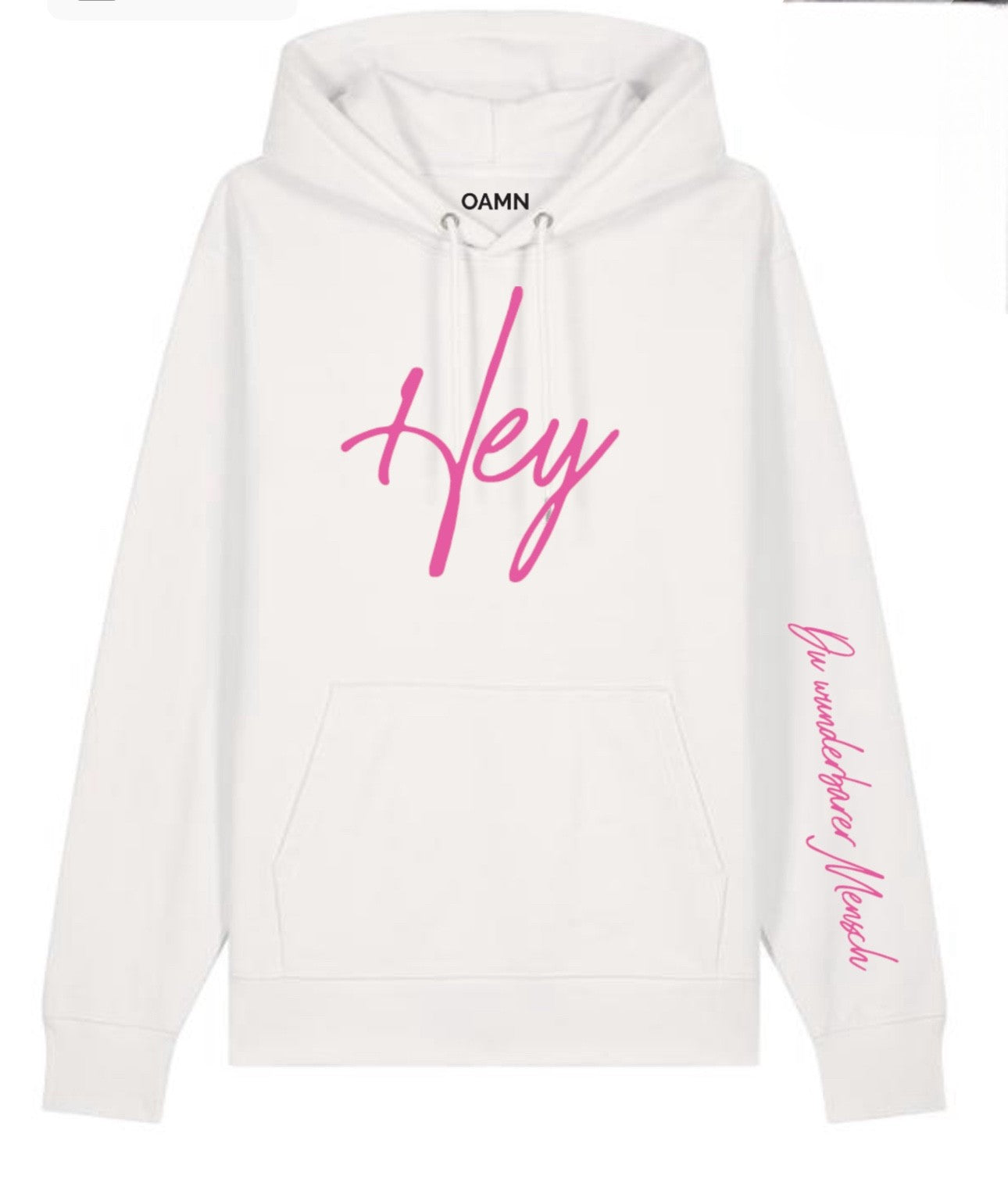 Heavy Hoodie Hey - Farbe weiß Druckfarbe pink