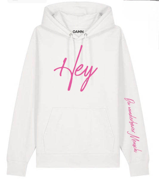 Light Hoodie Hey - Farbe weiß Druckfarbe pink