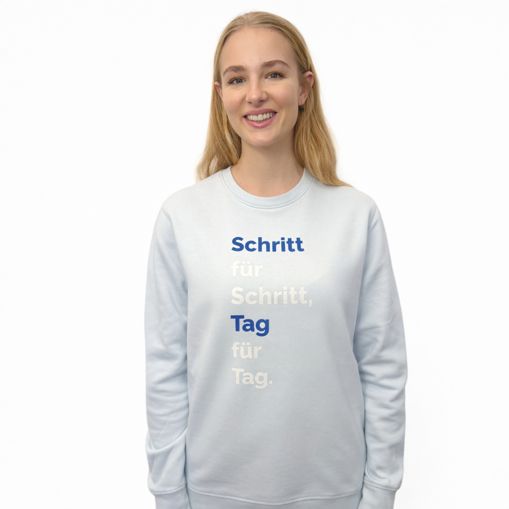 Neu! Rundhals Sweatshirt "Schritt für Schritt" Farbe: iceblue - Druckfarben: weiß und blau