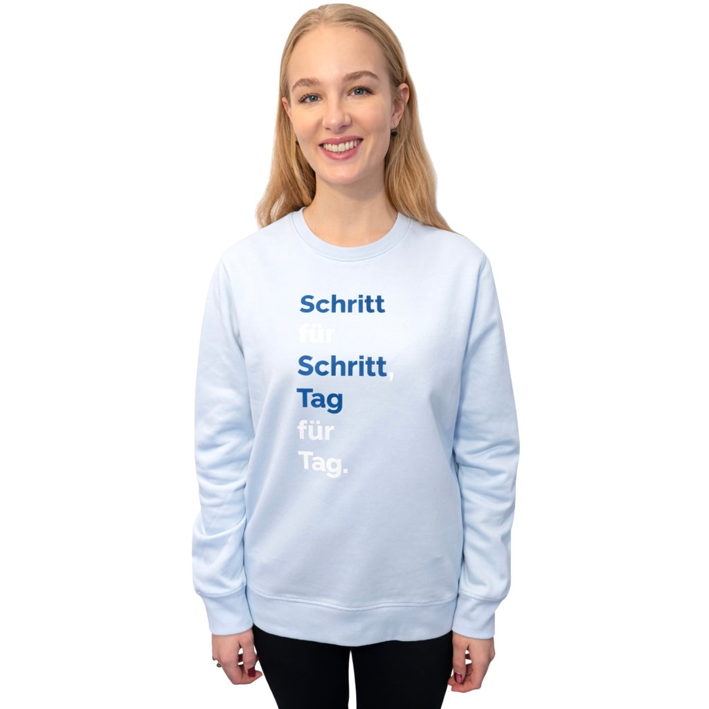 Neu! Rundhals Sweatshirt "Schritt für Schritt" Farbe: iceblue - Druckfarben: weiß und blau