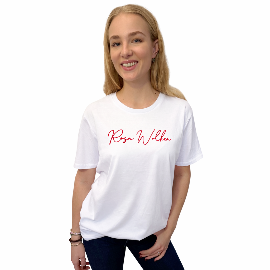 Neu! Leichtes T-Shirt "Rosa Wolken" - Farbe weiß, Druckfarbe pink