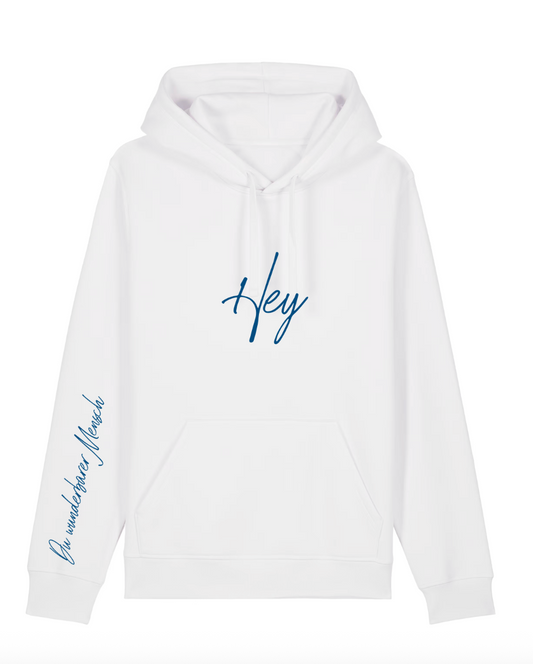 Neue Farbkombi: Hoodie "Hey" - maritime Farbkombi weiß, Druckfarbe navy