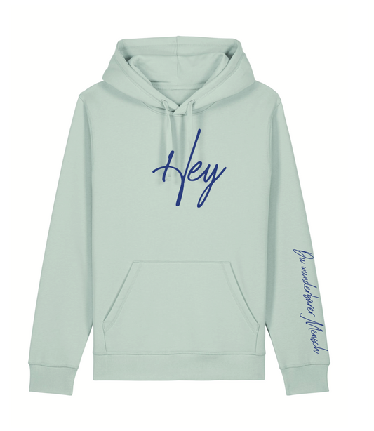 Neue Farbkombi: Hoodie "Hey" - aqua  Druckfarbe blau