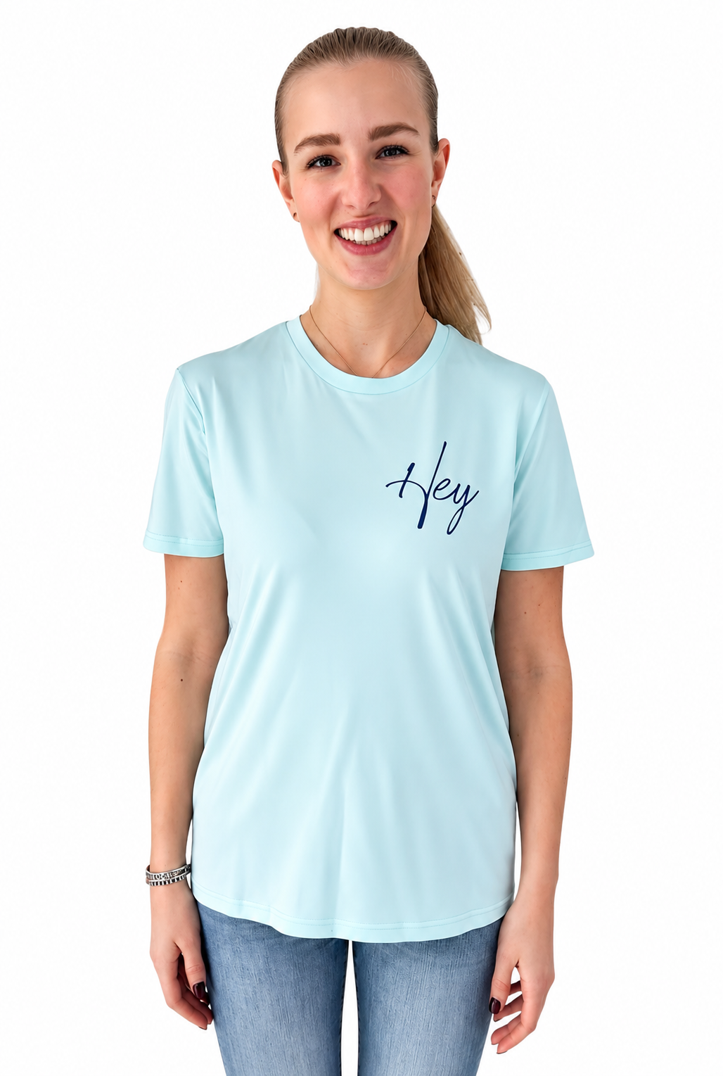 Leichtes T-Shirt "Hey" Farbe aqua, Druckfarbe blau