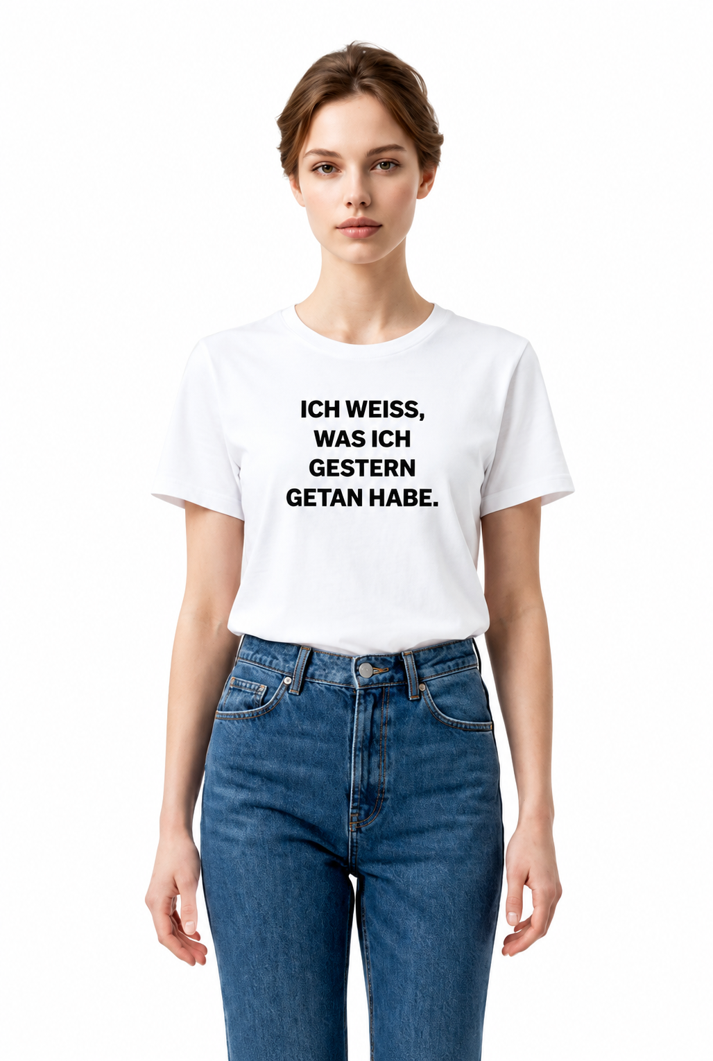 T-Shirt "Ich weiß, was ich gestern getan habe" in weiß, Druckfarbe schwarz