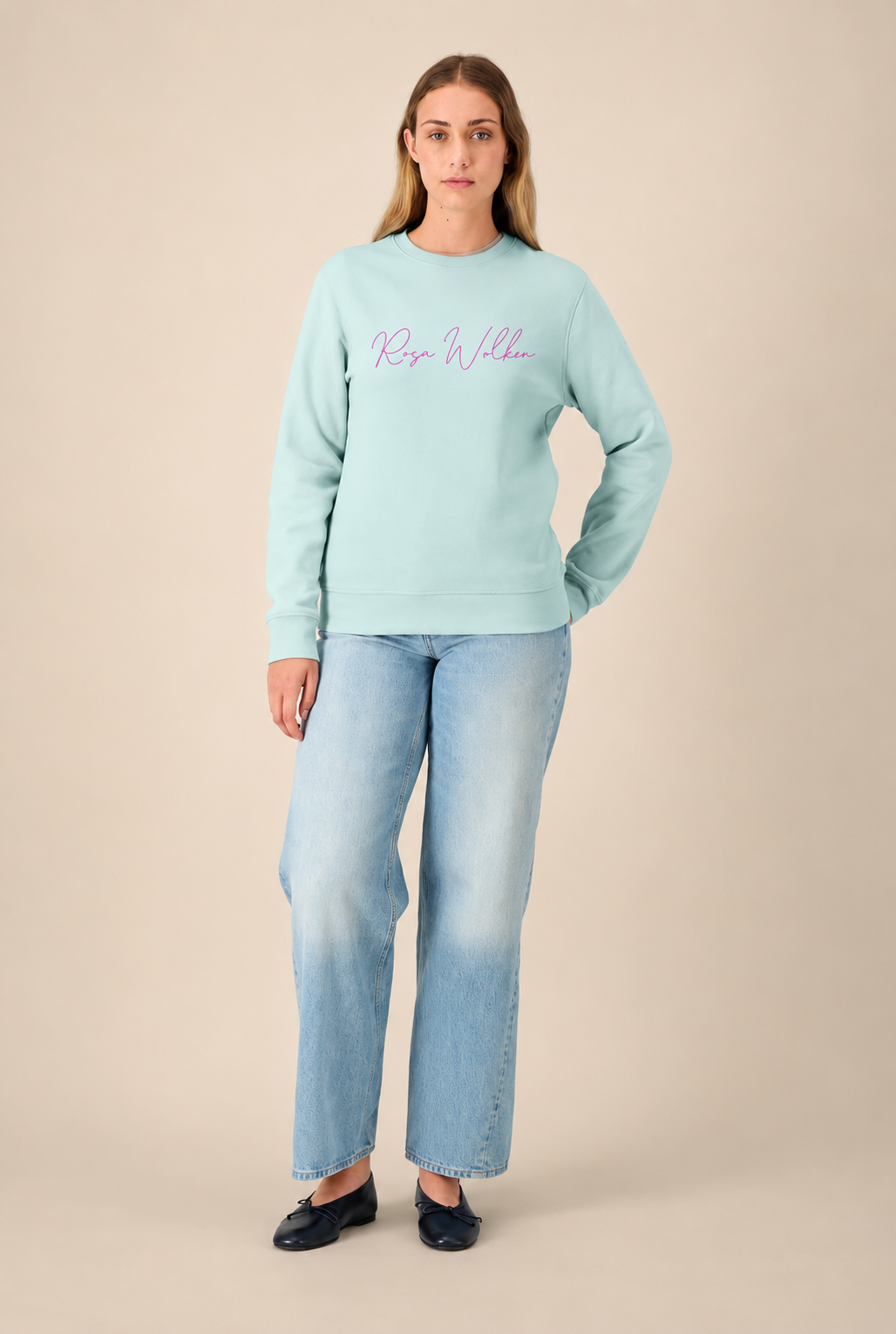 Rundhals Sweatshirt "Rosa Wolken" Farbe: caribbean blue - Druckfarbe:pink