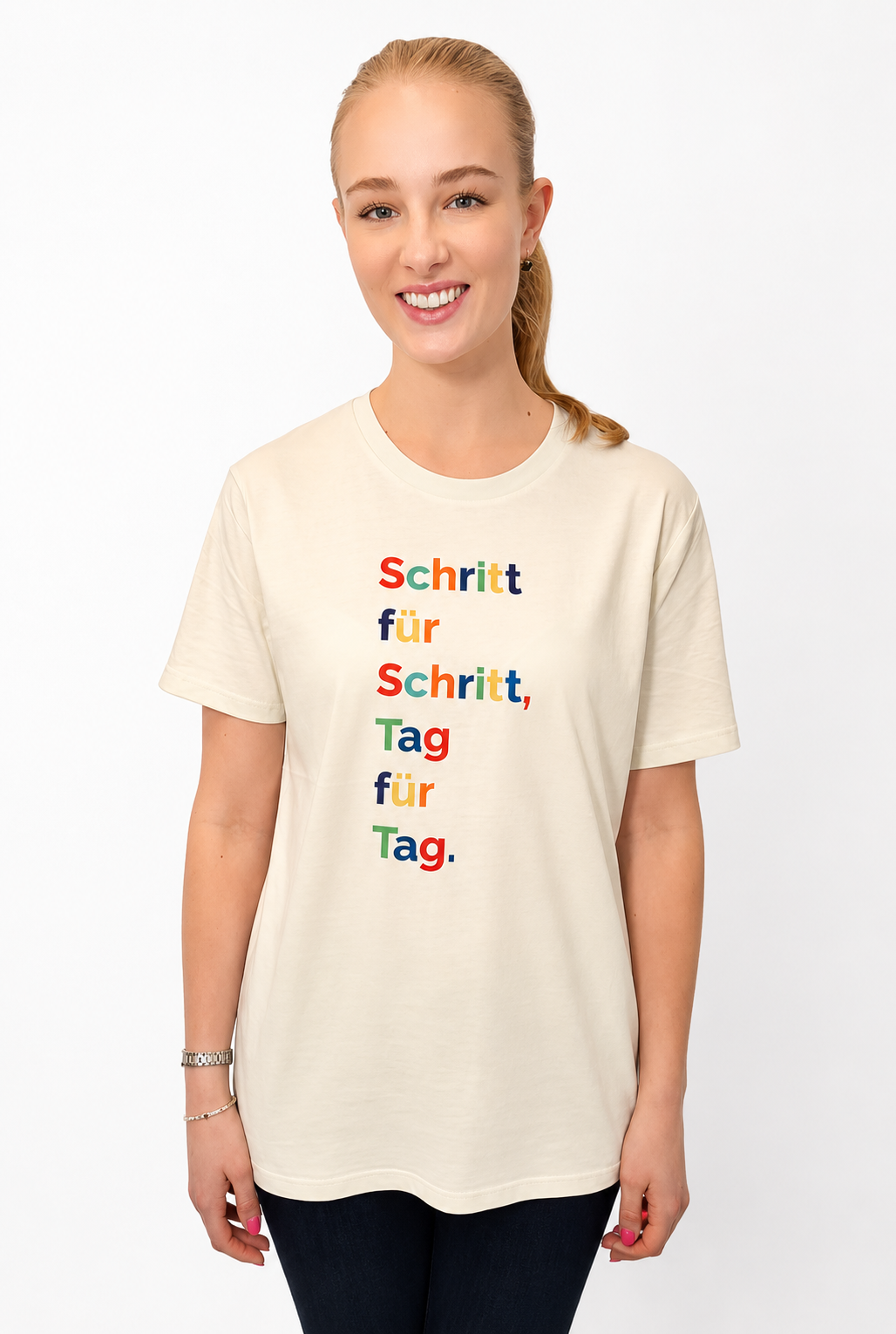 Leichtes T-Shirt "Schritt für Schritt, Tag für Tag" Farbe: lemon-sorbet, Druckfarben: bunt