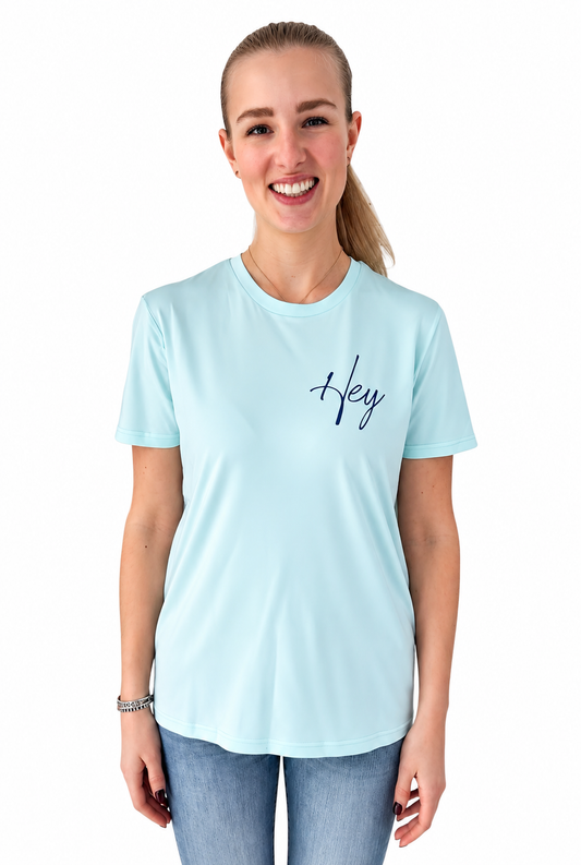 Leichtes T-Shirt "Hey" Farbe aqua, Druckfarbe blau