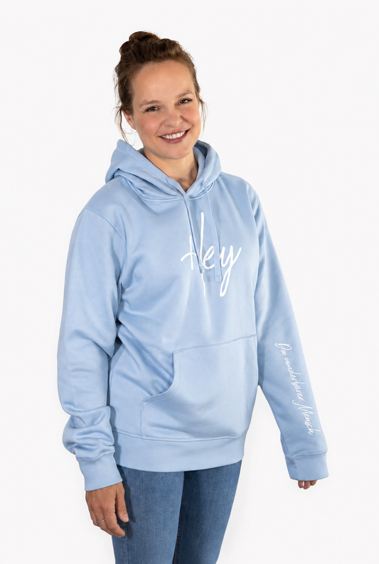 Hoodie Hey - in der Farbe hellblau, Druckfarbe weiß