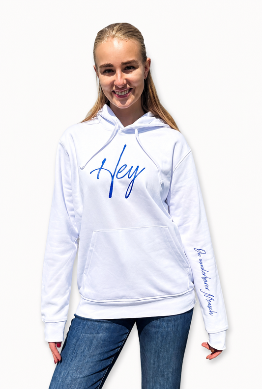 Hoodie "Hey" - maritime Farbkombi weiß, Druckfarbe navy