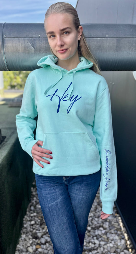 Neue Farbkombi: Hoodie "Hey" - aqua  Druckfarbe blau