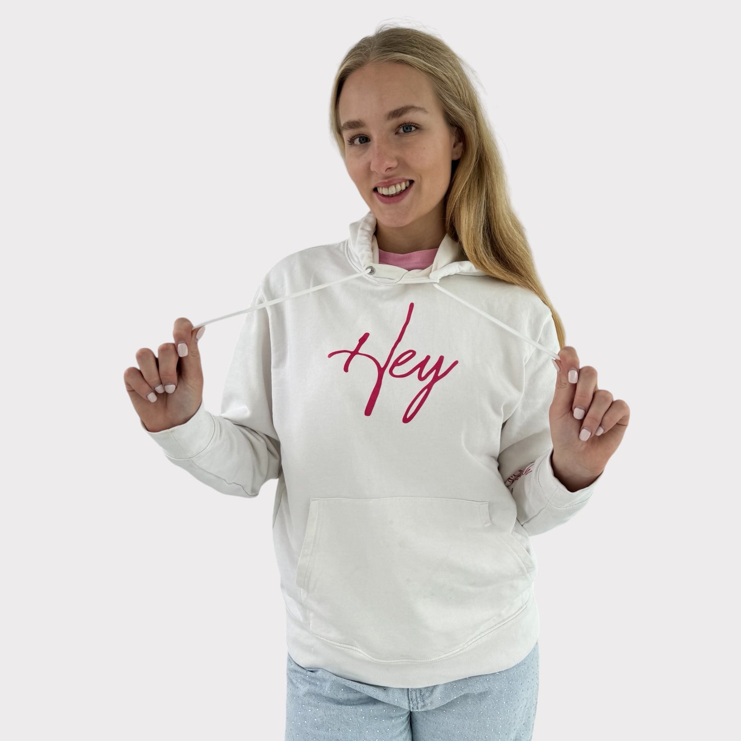 Heavy Hoodie Hey - Farbe weiß Druckfarbe pink