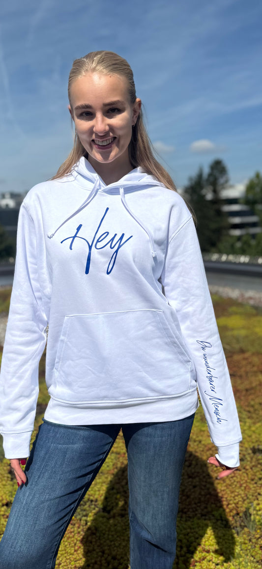 Neue Farbkombi: Hoodie "Hey" - maritime Farbkombi weiß, Druckfarbe navy