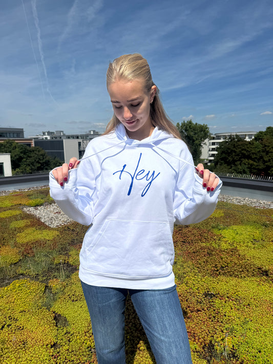 Neue Farbkombi: Hoodie "Hey" - maritime Farbkombi weiß, Druckfarbe navy