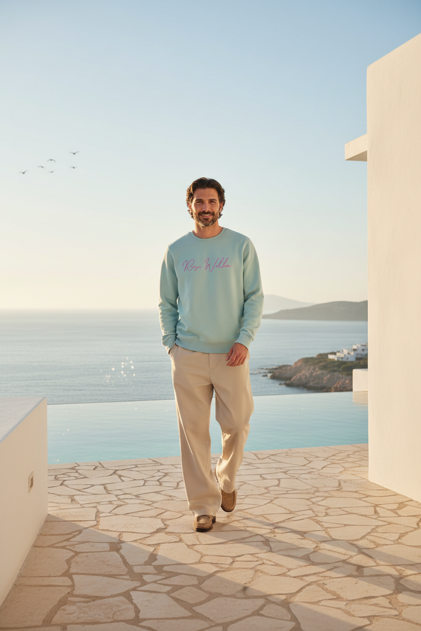 Neu! Rundhals Sweatshirt "Rosa Wolken" Farbe: caribbean blue - Druckfarbe:pink