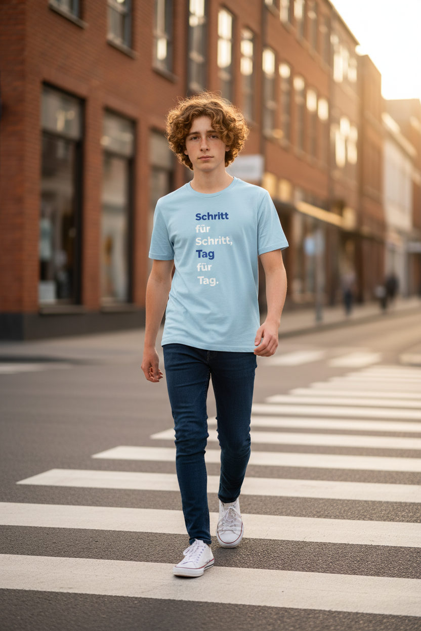 Neu! Leichtes T-Shirt "Schritt für Schritt, Tag für Tag" Farbe: skyblue, Druckfarben: weiß und royalblau