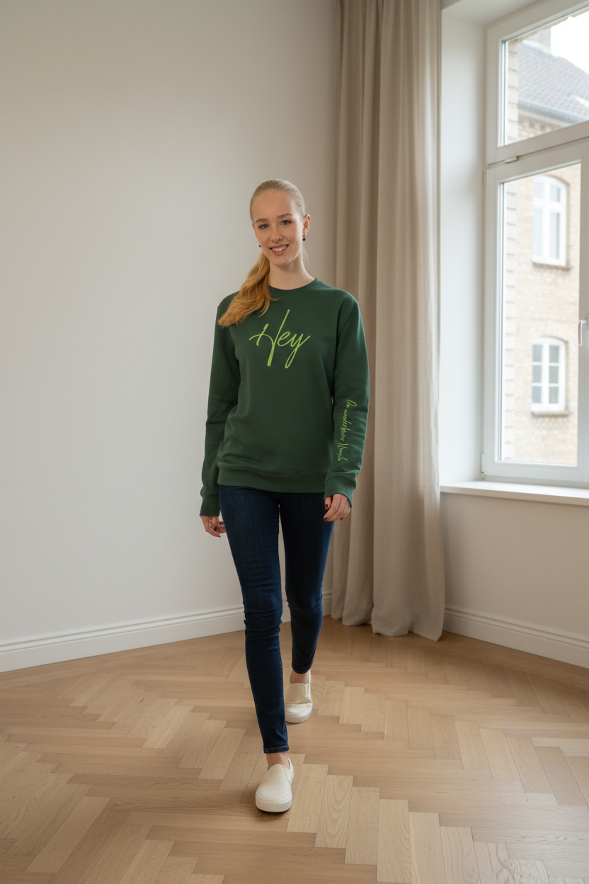 Neu! Rundhals Sweatshirt "Hey Du wunderbarer Mensch" Farbe: bottle green, Druckfarbe: gecko green