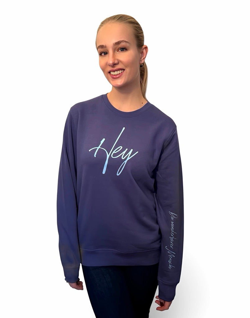 Neu! Rundhals Sweatshirt "Hey Du wunderbarer Mensch" Farbe: dusk, Druckfarbe: hellblau
