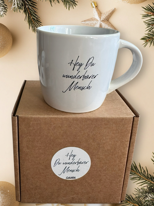Geschenkidee für die Weihnachtszeit:  Tasse  "Hey du wunderbarer Mensch" mit Geschenkschachtel