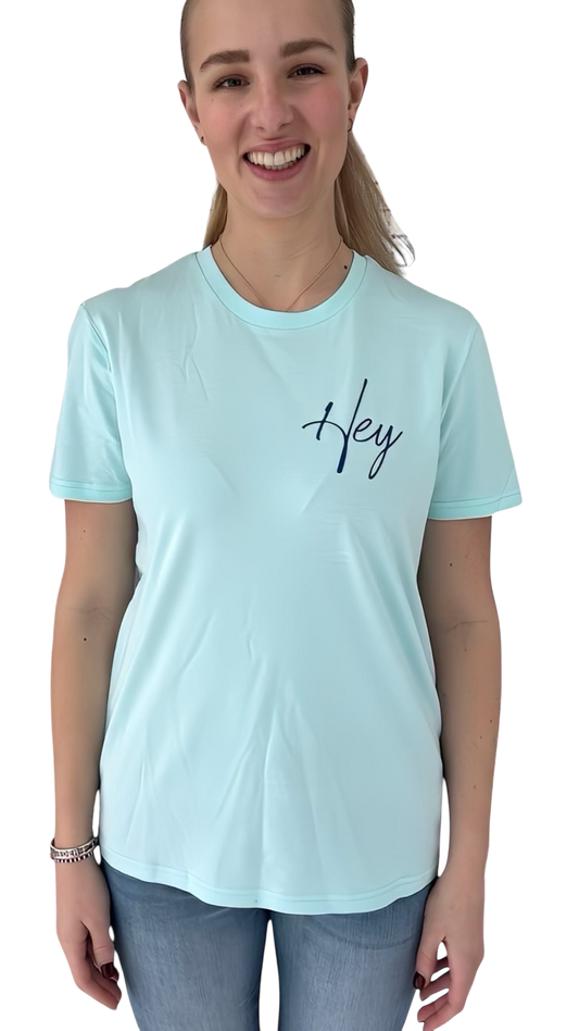 Brandneu: T-Shirt "Hey Sommerkongress in München" - aqua, Druckfarbe blau