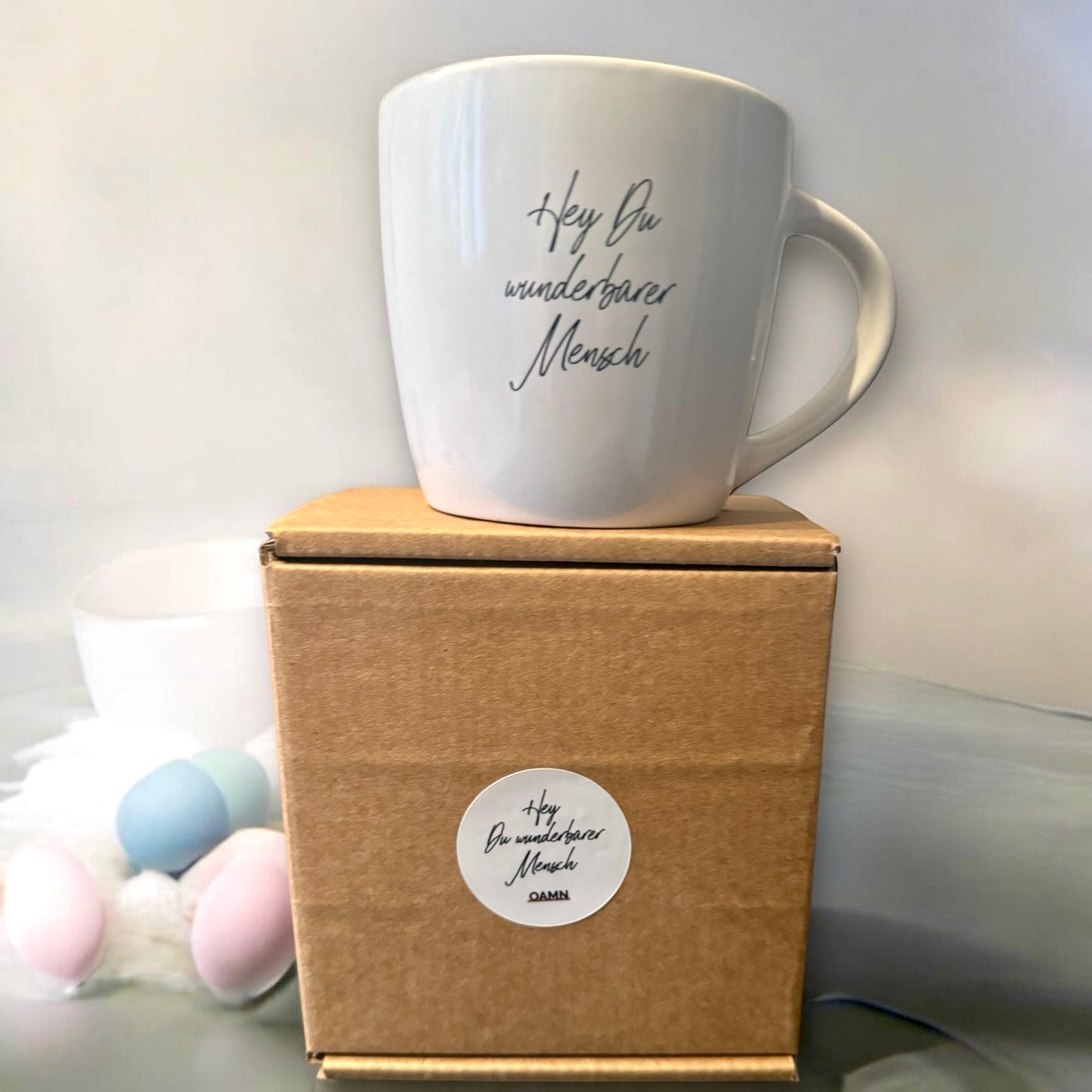 Geschenkidee für Ostern: Tasse  "Hey du wunderbarer Mensch" mit Geschenkschachtel