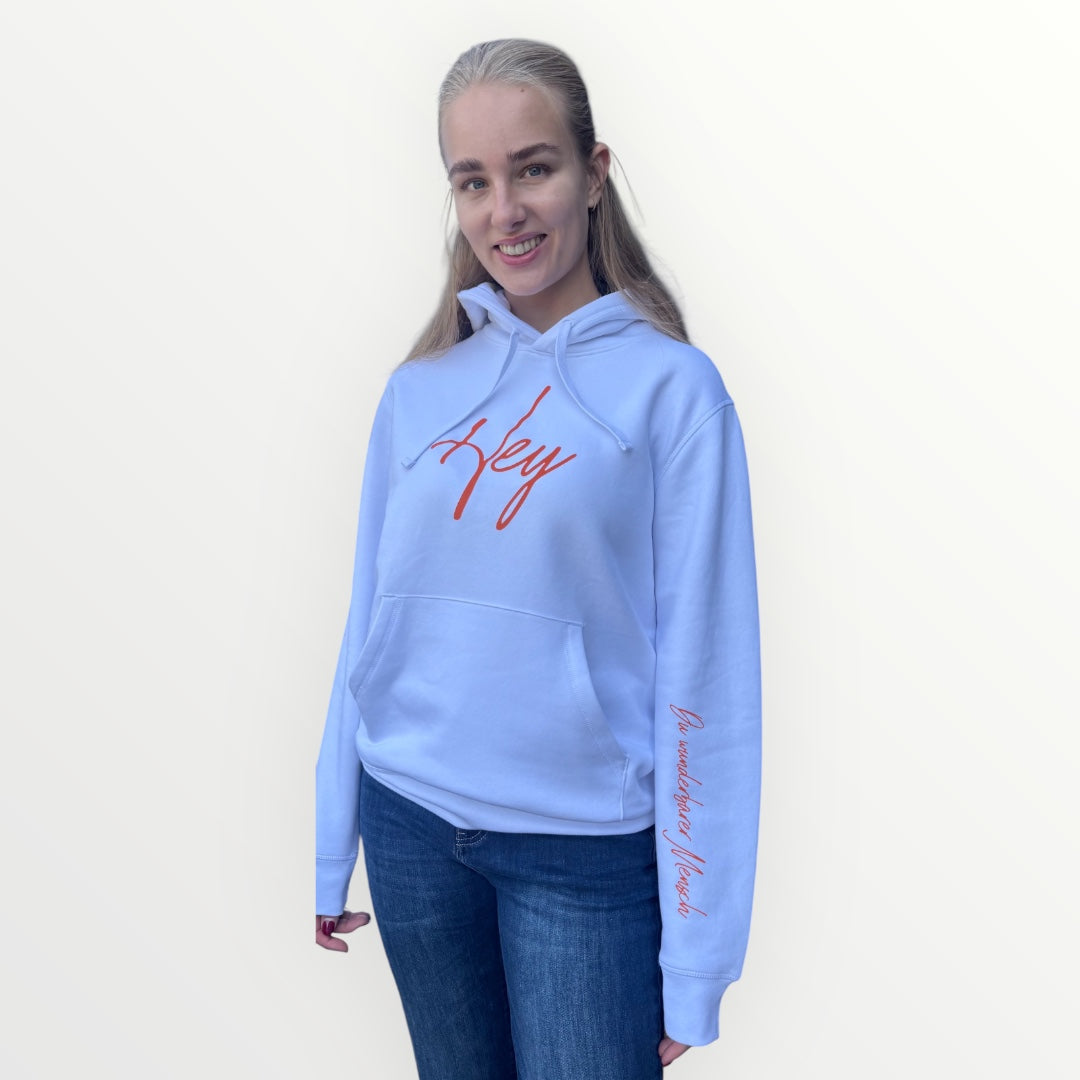 Light Hoodie Hey - Farbe weiß Druckfarbe orange