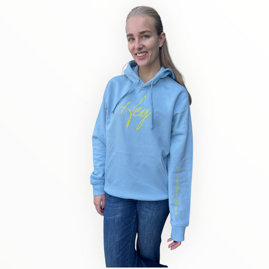 Neue Farbkombi: Hoodie "Hey" - hellblau,  Druckfarbe gelb