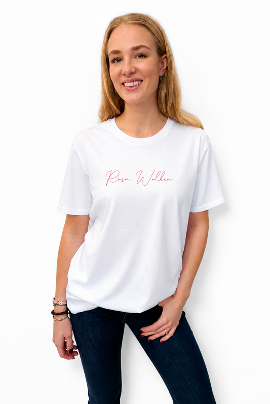 Neu! Leichtes T-Shirt "Rosa Wolken" - Farbe weiß, Druckfarbe pink