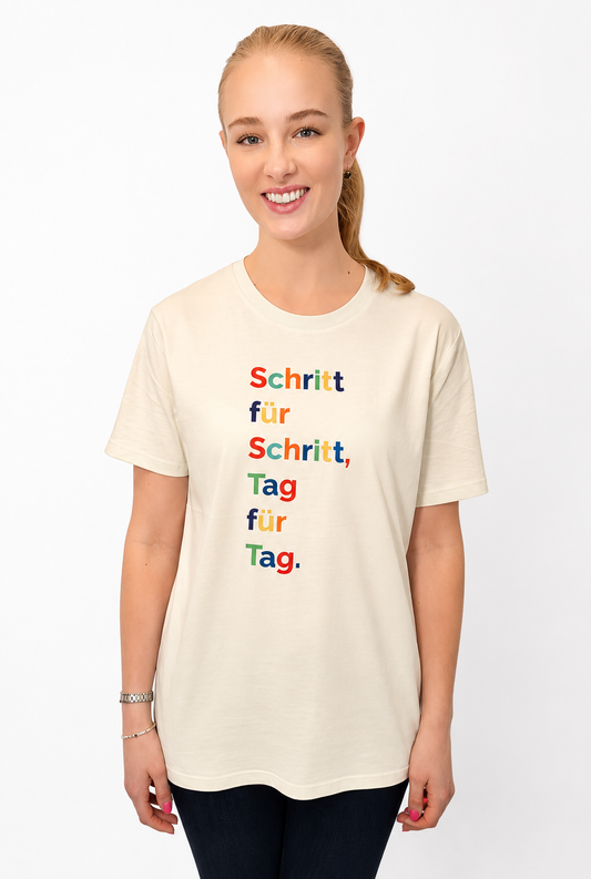 Leichtes T-Shirt "Schritt für Schritt, Tag für Tag" Farbe: lemon-sorbet, Druckfarben: bunt