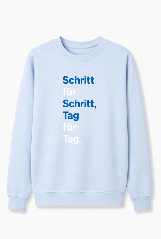 Neu! Rundhals Sweatshirt "Schritt für Schritt" Farbe: iceblue - Druckfarben: weiß und blau