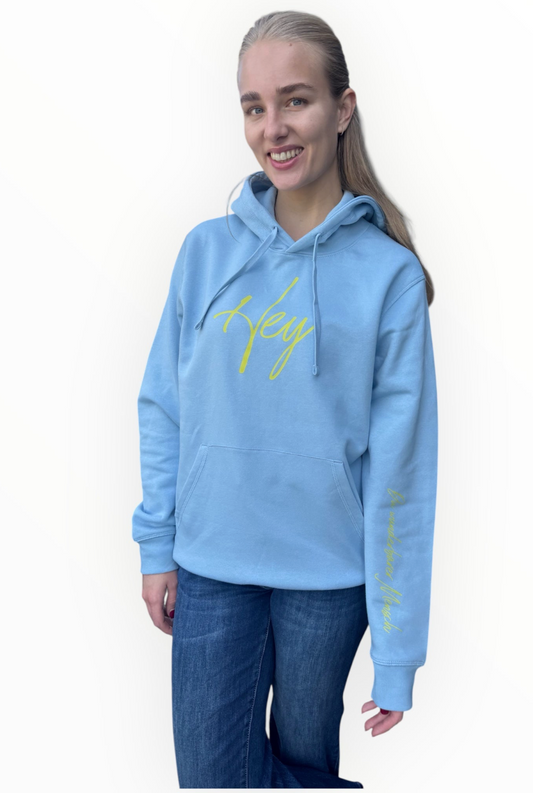 Hoodie "Hey" - hellblau,  Druckfarbe gelb